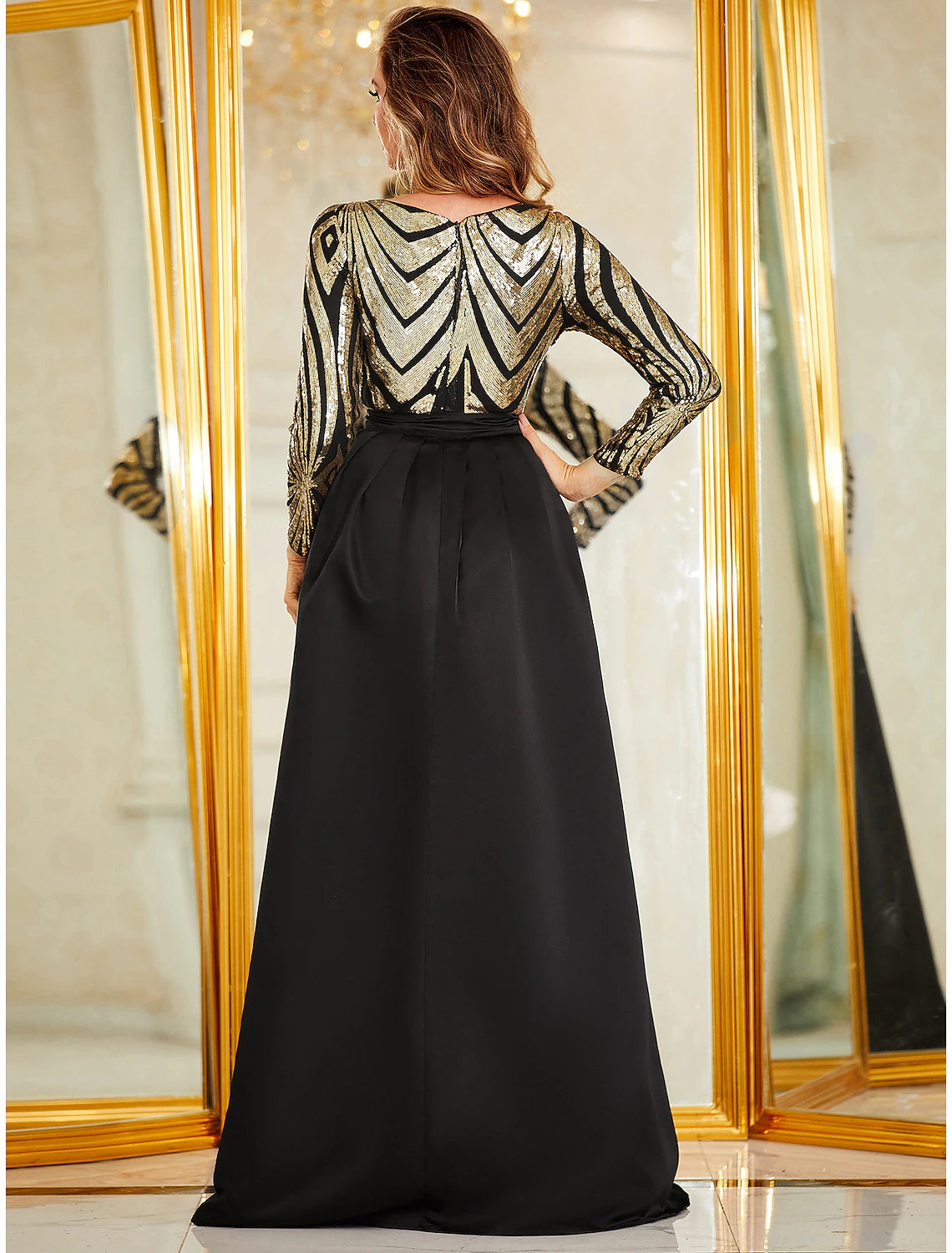 Wholesale Mermaid / Trumpet Evening Gown Sparkle & Shine Dress Formal Wedding Floor Length Long Sleeve V Neck Detachable Polyester with Sequin Overskirt